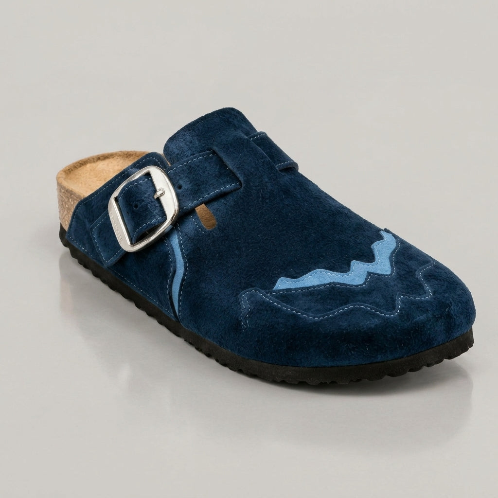Sabots Femme en Daim – Style Western Bleu Nuit