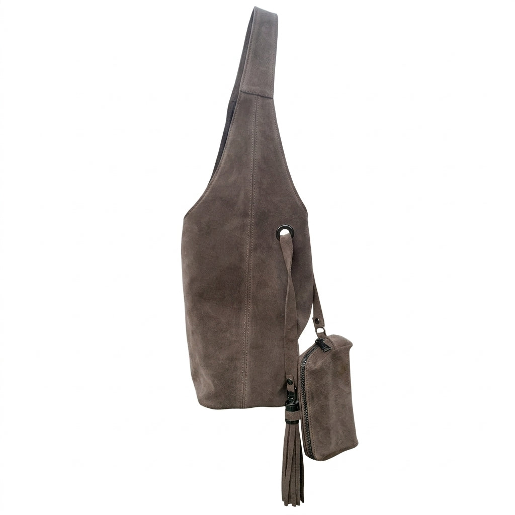 Sac Femme en Daim YSL – Taupe, avec Pochette et Pompon