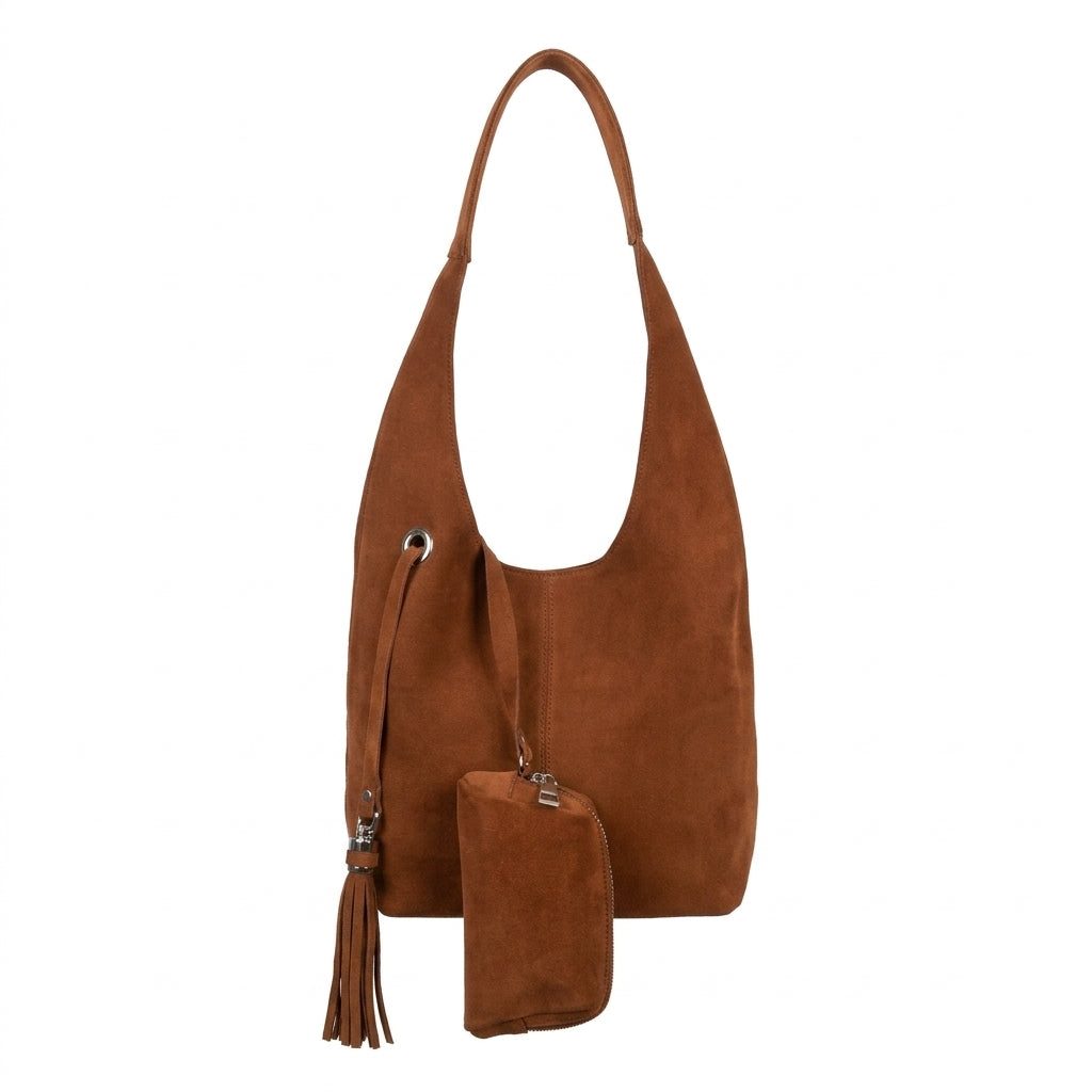 Sac Femme en Daim YSL – Marron Cognac, avec Pochette et Pompon