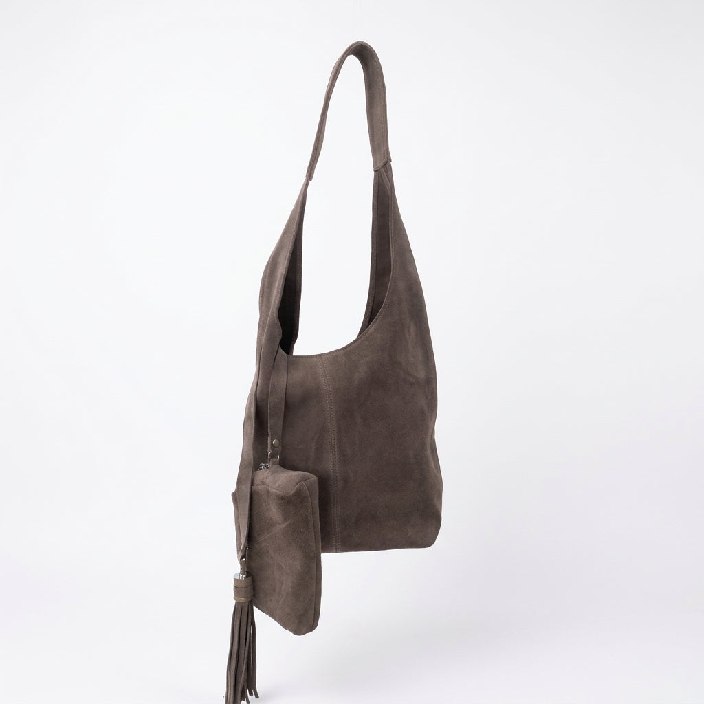 Sac Femme en Daim YSL – Taupe, avec Pochette et Pompon
